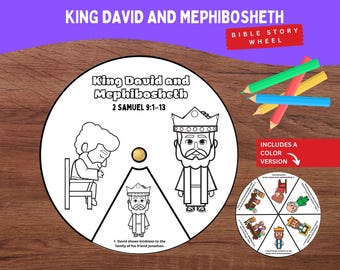 Puede incluir: Una rueda circular de papel con historias bíblicas del Rey David y Mefiboset, con ilustraciones de líneas en blanco y negro, el texto King David and Mephibosheth 2 SAMUEL 9:1-13 y una versión a color más pequeña.