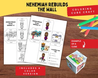 Puede incluir: Un kit de manualidades de cubo para colorear Nehemiah Rebuilds The Wall que incluye dos hojas imprimibles con ilustraciones en blanco y negro y a color de figuras bíblicas, instrucciones de montaje y un ejemplo de cubo de papel terminado.