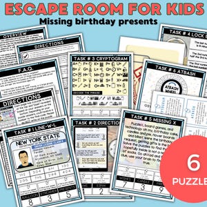 Escape Room 6 puzzles Birthday Game, Party Escape Room Game, Escape Room Kit - Instant Download, kid escape room, printable escape