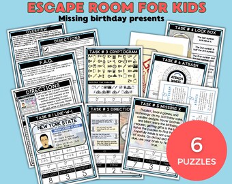 Escape Room 6 puzzles Birthday Game, Party Escape Room Game, Escape Room Kit - Instant Download, kid escape room, printable escape