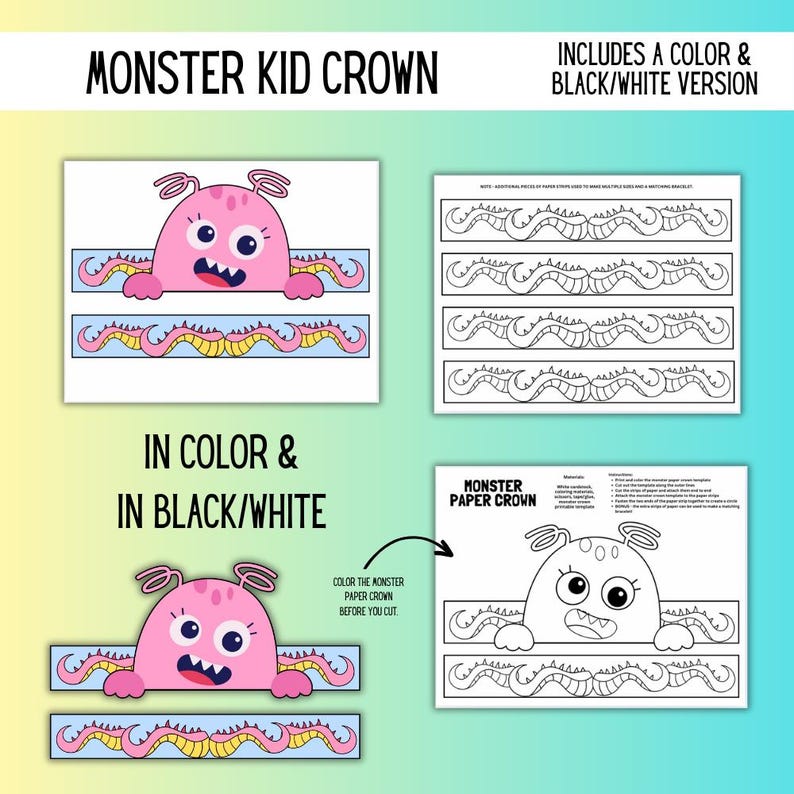 Fun Monster Crown Craft for Kids – Printable Birthday Party Hat for ...