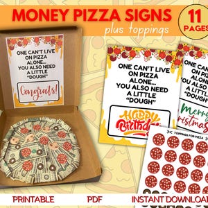 Druckbares Geld-Pizza-Schild-Bundle, Geburtstags-Teigzeichen, Geburtstags-Geldgeschenkidee, Geburtstags-Geld-Pizza, Pizza-Liebhaber-Geschenk Geburtstags-Bargeld-Teig