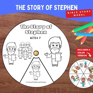 Może przedstawiać: Czarno-białe koło historii biblijnych z tekstem "The Story of Stephen" i "Acts 6-7". Koło zawiera ilustracje i tekst "1. Full of Faith and Power". Kolorowe ołówki po prawej stronie. Dołączona jest mniejsza wersja kolorowa.