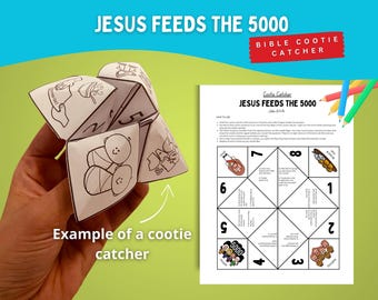 Könnte beinhalten: Ein Papier-Himmel-und-Hölle-Spiel mit schwarz-weißen Strichzeichnungen und dem Text Jesus Feeds The 5000. Daneben liegt ein ausdruckbares Anleitungsblatt mit demselben Titel, nummerierten Abschnitten und Buntstiften.