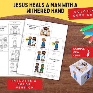 May include: A craft kit with instructions and illustrations for a coloring cube. The text on the pages reads "Jesus Heals a Man with a Withered Hand." Includes a color version. Colored pencils and a completed cube are also shown.
