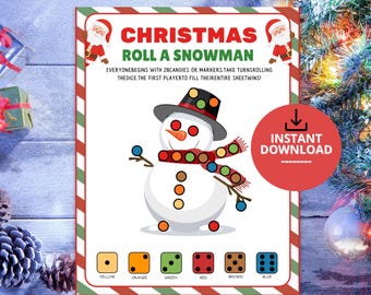 May include: A Christmas Roll a Snowman game sheet with a red and green striped border. The page features a snowman illustration, instructions, and a color-coded dice key with yellow, orange, green, red, brown, and blue squares. A red circle with an instant download icon is overlaid on the right side.