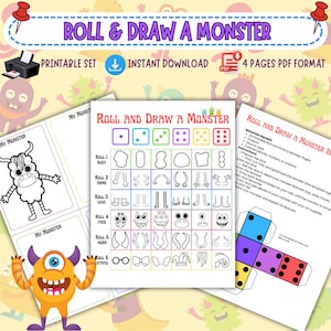 Roll and Draw a Monster Game for Kids – Fun Printable Dice Craft Activity – Build a Monster Drawing Game for Class, Party or Home