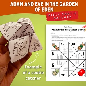 Può includere: Un acchiappa-nani di carta bianca con disegni a tratto nero di Adamo ed Eva, con il testo "Adamo ed Eva nel Giardino dell'Eden". È visibile anche un foglio stampato con istruzioni e un diagramma numerato.