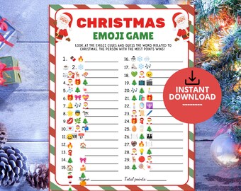 May include: A Christmas Emoji Game printable sheet featuring a red and green striped border, Santa Claus illustrations, and thirty numbered lines with emoji clues for players to guess holiday-themed words, including a Name and Total points line.