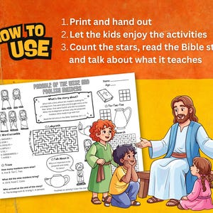 Puede incluir: Ilustraci&oacute;n colorida de una hoja de actividades de una historia b&iacute;blica con el texto "Par&aacute;bola de las v&iacute;rgenes prudentes y necias". La imagen muestra a Jes&uacute;s ense&ntilde;ando a ni&ntilde;os, con actividades como crucigramas y un laberinto. Instrucciones incluidas.