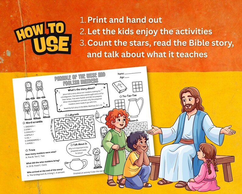 Puede incluir: Ilustraci&oacute;n colorida de una hoja de actividades de una historia b&iacute;blica con el texto "Par&aacute;bola de las v&iacute;rgenes prudentes y necias". La imagen muestra a Jes&uacute;s ense&ntilde;ando a ni&ntilde;os, con actividades como crucigramas y un laberinto. Instrucciones incluidas.