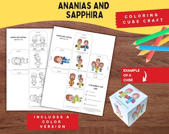 May include: A craft activity for children featuring the story of Ananias and Sapphira. The image shows printable sheets with illustrations and instructions, plus a completed cube example. Text includes "Ananias and Sapphira" and "Includes a colour version."