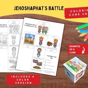 Può includere: Un kit artigianale con il testo "JEHOSHAPHAT'S BATTLE" e "COLORING CUBE CRAFT". Il kit include ritagli di carta illustrati, una versione a colori e un esempio di cubo. Sono visibili matite colorate.