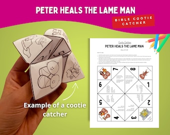 May include: A paper cootie catcher featuring black and white line drawings and numbers, accompanied by a printed instruction sheet titled Peter Heals The Lame Man Acts 3:1-10, which includes text, numbered sections, and colorful pencil illustrations.