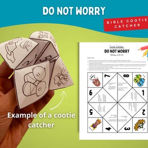 May include: A white paper cootie catcher with black line art illustrations and the text "DO NOT WORRY". A sheet with instructions and numbers 1-8 is next to it. The text "Bible Cootie Catcher" is in a red banner.