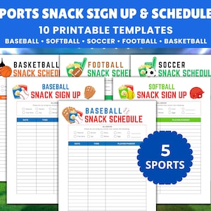 Peut inclure: Dix modèles imprimables de planning et d'inscription pour collations sportives : baseball, softball, football, football américain et basket-ball. Chaque feuille blanche inclut un graphique thématique, une liste d'allergies et des colonnes dédiées.