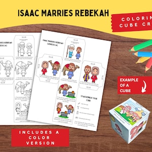 Può includere: Un progetto artigianale con la storia di Isacco sposa Rebecca, con pagine da colorare e istruzioni per assemblare un cubo. Include una versione a colori. Sono visibili matite colorate.