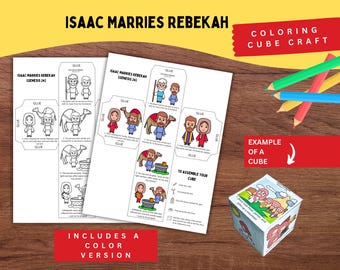 Manualidad bíblica de Isaac y Rebeca para niños: Génesis 24. Actividad imprimible para la escuela dominical y la lección bíblica cristiana. Divertida manualidad con cubo para colorear.