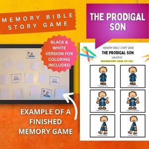 May include: A Memory Bible Story Game titled The Prodigal Son, featuring a printable sheet with illustrated cards of a character in a blue tunic, and a black framed board displaying several blank and illustrated cards for a matching activity.