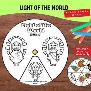 Light of the World Coloring Wheel | John 8:12 Bible Verse for Kids | Jesus is the Light | Sunday School Printable Craft