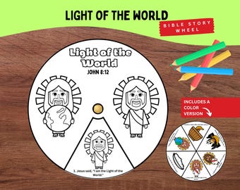 Light of the World Coloring Wheel | John 8:12 Bible Verse for Kids | Jesus is the Light | Sunday School Printable Craft