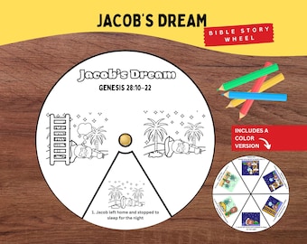 May include: A circular paper craft titled Jacob's Dream Genesis 28:10-22 featuring black and white line art illustrations of a person sleeping under palm trees and a ladder. Includes a small color version wheel and four colored pencils.
