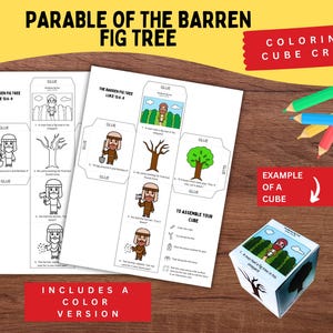 May include: A craft kit featuring the text "Parable of the Barren Fig Tree" and "Coloring Cube Craft." The kit contains printed sheets with illustrations and instructions for cube assembly. Colouring pencils are visible.
