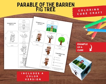 Cubo para colorear de la higuera estéril / Parábola de Lucas 13:6-9 para niños / Historia bíblica de la higuera imprimible para la escuela dominical y la educación cristiana en casa