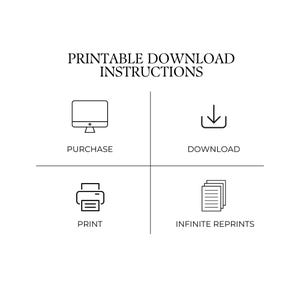 K&ouml;nnte beinhalten: Wei&szlig;es Grafikdesign mit dem Text "PRINTABLE DOWNLOAD INSTRUCTIONS" und schwarzen Symbolen f&uuml;r Kauf, Download, Druck und unbegrenzte Nachdrucke. Klare, einfache Symbole.