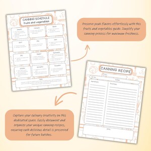 May include: Two printable pages for planning and documenting your canning recipes. The first page is a monthly canning schedule for fruits and vegetables. The second page is a recipe template with sections for jar size, ingredients, method, timing, and notes.