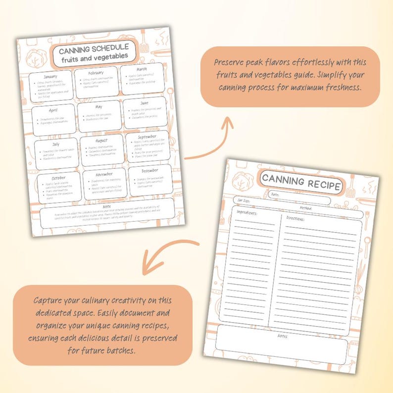 May include: Two printable pages for planning and documenting your canning recipes. The first page is a monthly canning schedule for fruits and vegetables. The second page is a recipe template with sections for jar size, ingredients, method, timing, and notes.