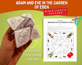 Può includere: Un gioco di carta pieghevole con disegni al tratto in bianco e nero di Adamo ed Eva, insieme a un foglio di attività stampabile intitolato Adam and Eve in the Garden of Eden, Genesis 2-3, con istruzioni e illustrazioni varie.