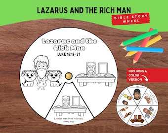 May include: A black and white Bible Story Wheel with the text "Lazarus and the Rich Man" and "Luke 16:19-31". The wheel includes illustrations of characters and scenes from the story. Colored pencils and a smaller color version wheel are also included.