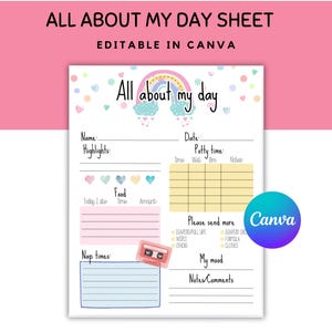 以下が含まれることがあります： 子供の1日を記録するための印刷可能な日々のログシート。シートには、虹と雲が描かれており、「All about my day」というテキストが書かれています。シートには、名前、ハイライト、食べ物、昼寝、トイレの時間、気分、メモなどのセクションがあります。