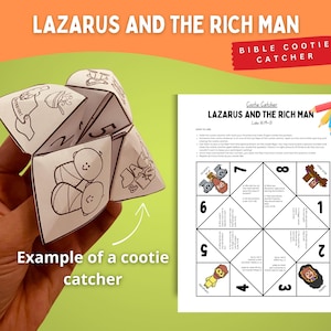 Op de afbeelding: Een witte papieren kootie catcher met zwarte illustraties en de tekst "LAZARUS AND THE RICH MAN". De afbeelding bevat een afgedrukt vel met instructies en een kleurencodeschema, samen met kleurpotloden.