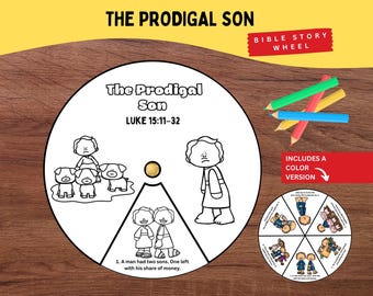 May include: A black and white illustration of "The Prodigal Son" on a circular wheel, with text from Luke 15:11-32. The wheel includes a color version and is accompanied by colored pencils. The text reads "Bible Story Wheel."