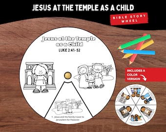 Rueda de la historia bíblica de Jesús en el templo para niños / Lucas 2:41–52 (manualidad imprimible) / Actividad de la escuela dominical cristiana / Lección del Nuevo Testamento