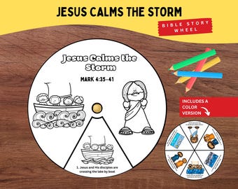 May include: A Bible Story Wheel with the text "Jesus Calms the Storm" and the Bible verse Mark 4:35-41. The wheel features illustrations of Jesus and his disciples in a boat. Includes a color version. Colored pencils are on the right.
