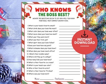 May include: A white rectangular game sheet titled Who Knows The Boss Best? with red and green striped borders. It features two Santa Claus illustrations and eighteen numbered questions with blank lines for answers and a red download icon.