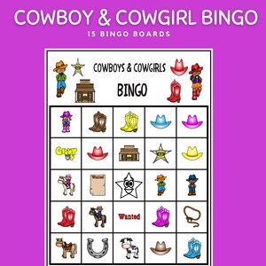 Bingo de vaqueros y vaqueras, juego imprimible para amantes de los vaqueros, tarjetas de bingo con temática de vaqueros, juego para niños, actividad de cumpleaños con temática de vaqueros