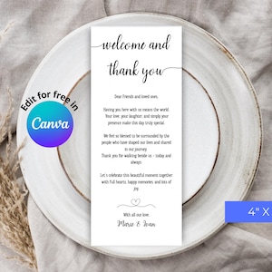 Cartão de boas-vindas editável para casamento – Modelo Canva 4x9 para convidados – Encarte elegante para mesa – Nota de agradecimento para impressão para recepção