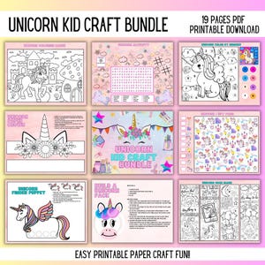 Unicorn Kid Craft Printable Bundle, Unicorn Activity page, Unicorn paper crown, build a unicorn face, Unicorn finger puppet, Craft for kids