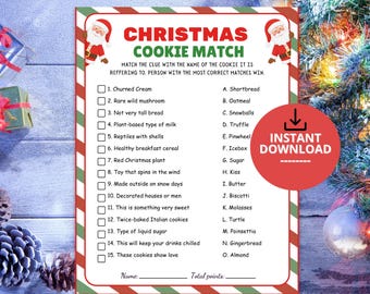 May include: A Christmas Cookie Match game sheet with a red and green striped border, featuring Santa Claus illustrations at the top. The text includes a list of fifteen clues to match with cookie names, a name line, and a total points line.