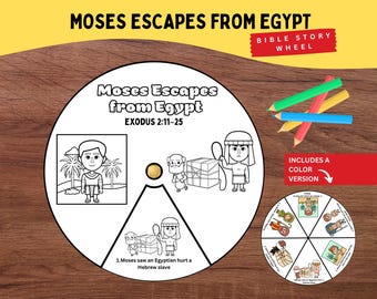 Rueda para colorear de Moisés escapa de Egipto / Manualidad de la escuela dominical de Éxodo 2 / Historia bíblica de Moisés en Madián imprimible para niños