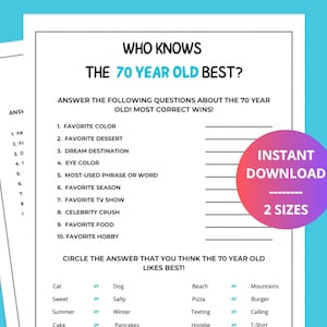 Who Knows the 70 Year Old Best, 70th Birthday Game Printable, Party Game for Seniors | Instant Download, 2 Sizes Included