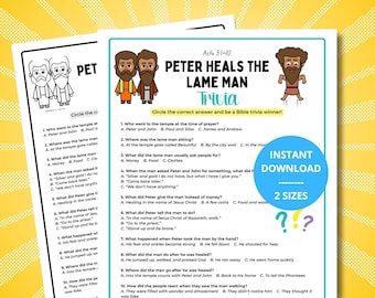 Può includere: Una scheda di quiz biblico stampabile intitolata Peter Heals The Lame Man, con Atti 3:1-10, illustrazioni di personaggi biblici, dieci domande a scelta multipla e un badge circolare blu con la scritta Instant Download 2 Sizes.