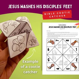 Może przedstawiać: Biały papierowy łapacz szczęścia z czarnymi rysunkami i napisem "JESUS WASHES HIS DISCIPLES' FEET". Obok znajduje się wydrukowana kartka z instrukcjami i ilustracjami. Widoczne są również słowa "Bible Cootie Catcher".