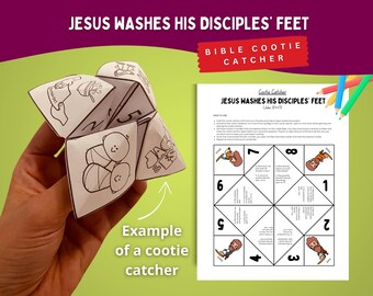 Puede incluir: Un atrapa-cucos de papel blanco con dibujos lineales negros y el texto "JESUS WASHES HIS DISCIPLES' FEET". Junto a él hay una hoja impresa con instrucciones e ilustraciones. También se ven las palabras "Bible Cootie Catcher".