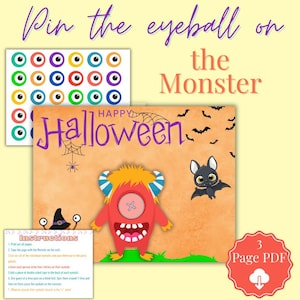 Halloween Pin the Eyeball on the Monster Game for Kids Party Fun | Afdrukbare Halloween-feestactiviteit met instructies en bord
