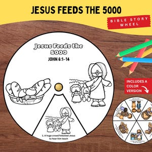 Jesus Feeds the 5000 Bible Story Wheel | John 6 Printable Craft for Kids | Loaves and Fishes Sunday School Activity | Christian Bible Lesson